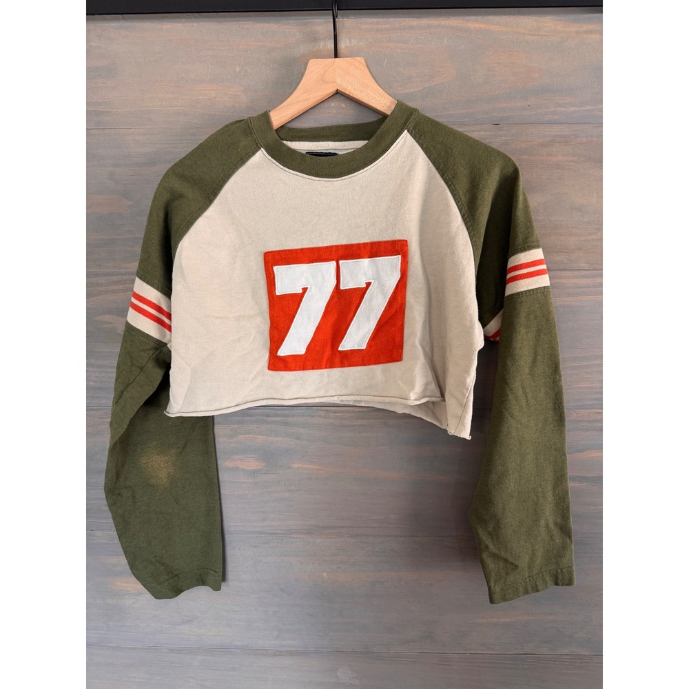 Bugle Boy Vintage Cropped Raglan Sweatshirt Green Cream 77 Graphic Sporty Small